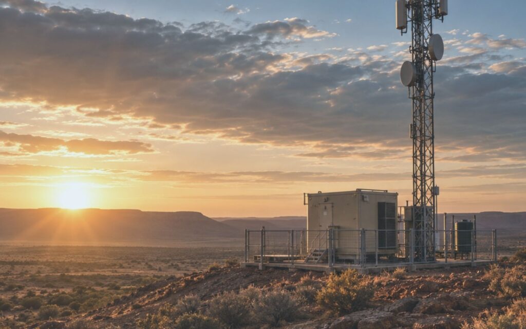Communications tower beside an equipment shelter under an orange sunset sky.
