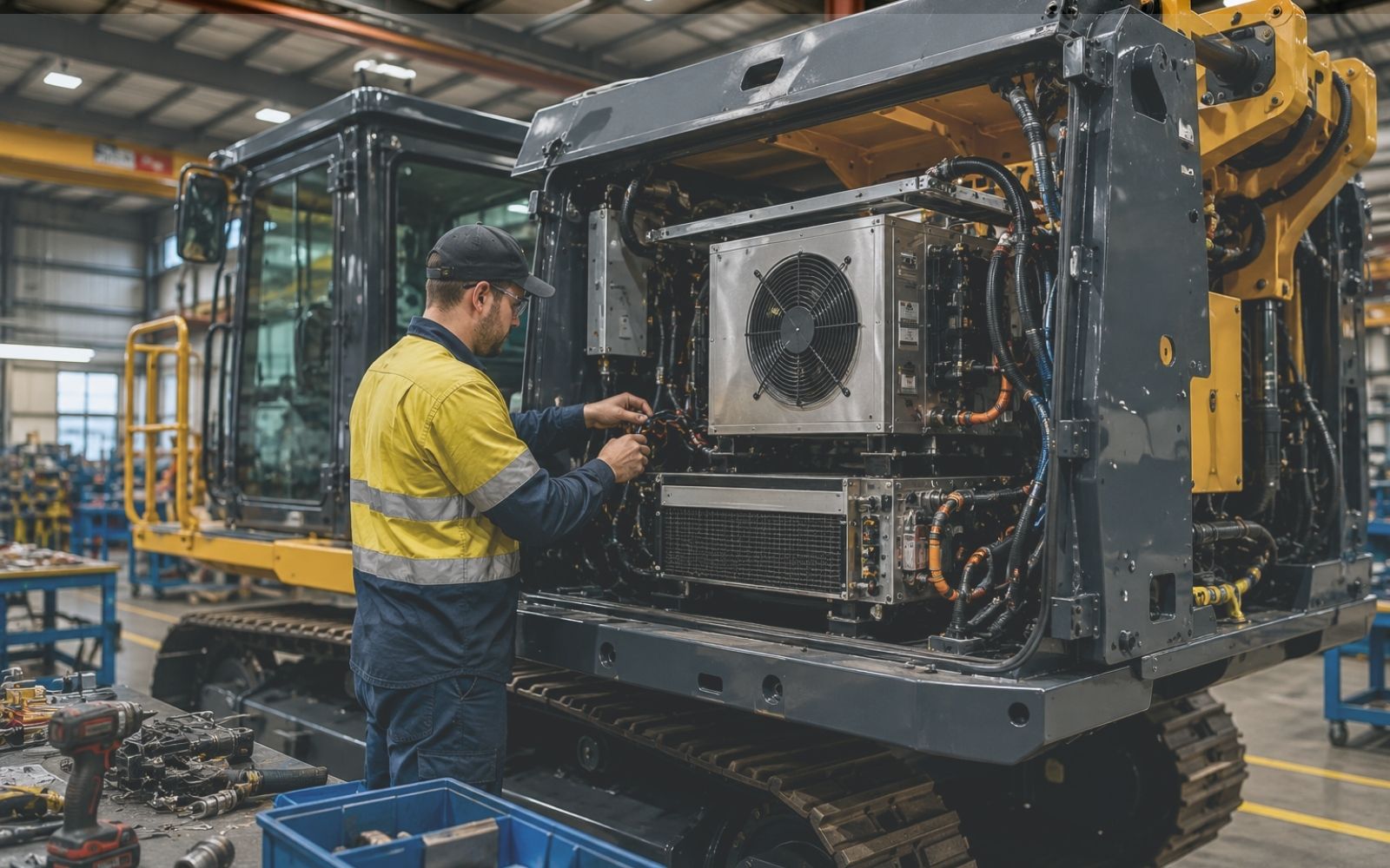 Technician working on an air conditioning unit mounted inside a machinery cab in a factory.