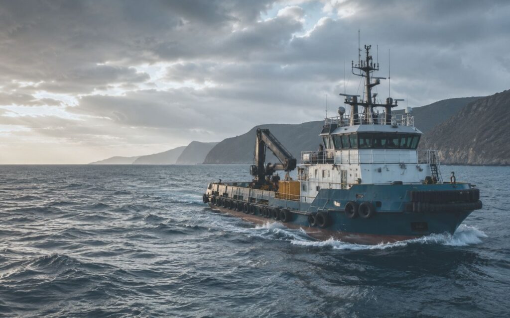 Tugboat sailing across coastal waters with hills in the background.