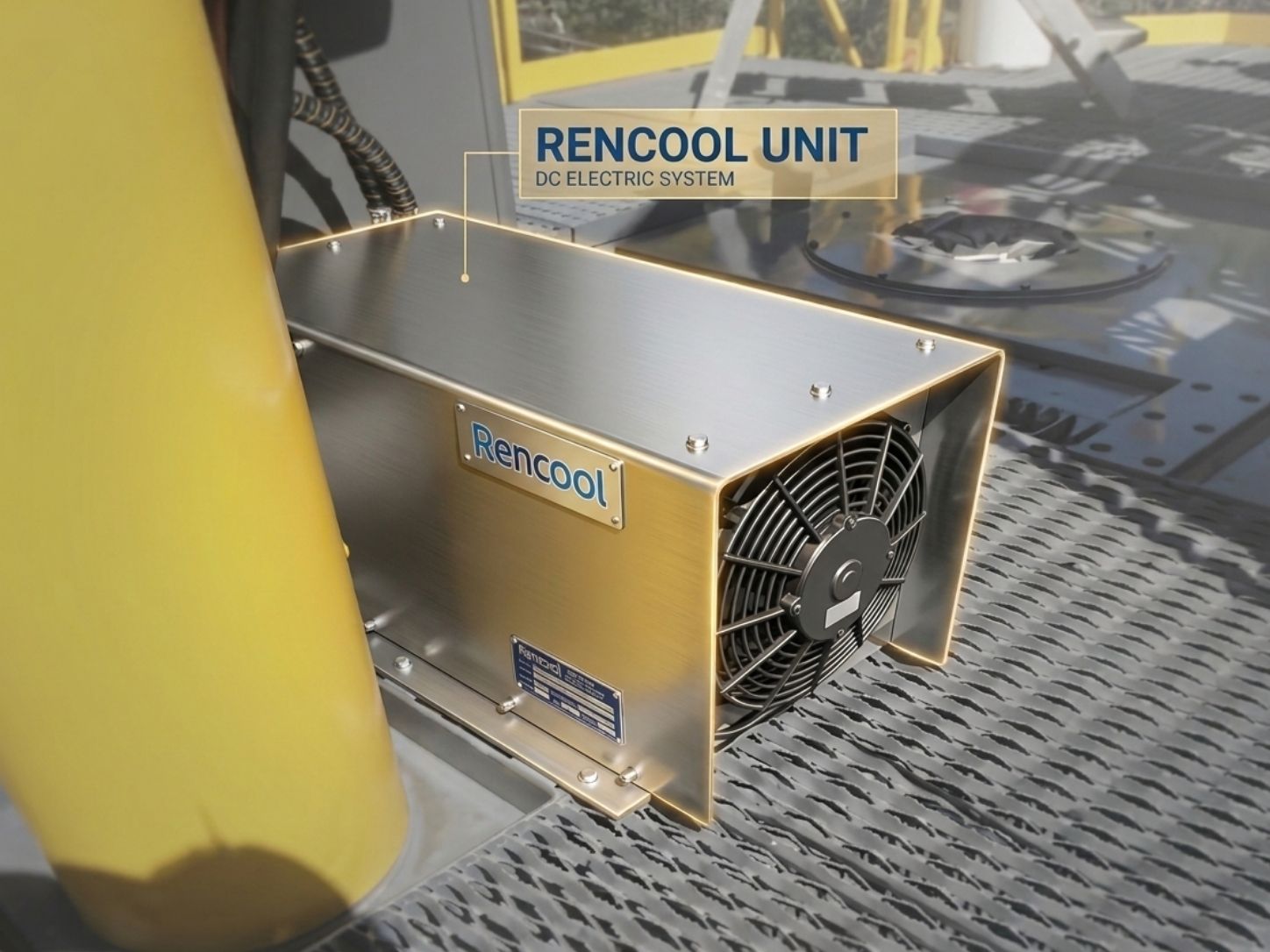 Rencool DC electric cooling unit installed on heavy machinery.